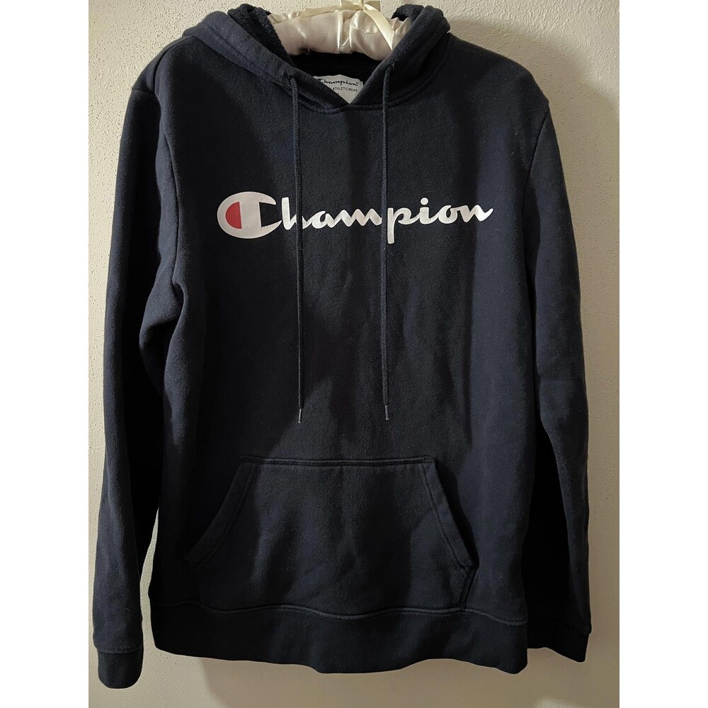 Champion Authentic Black Hoodie Small Pullover Sweatshirt Fleece Spellout Logo